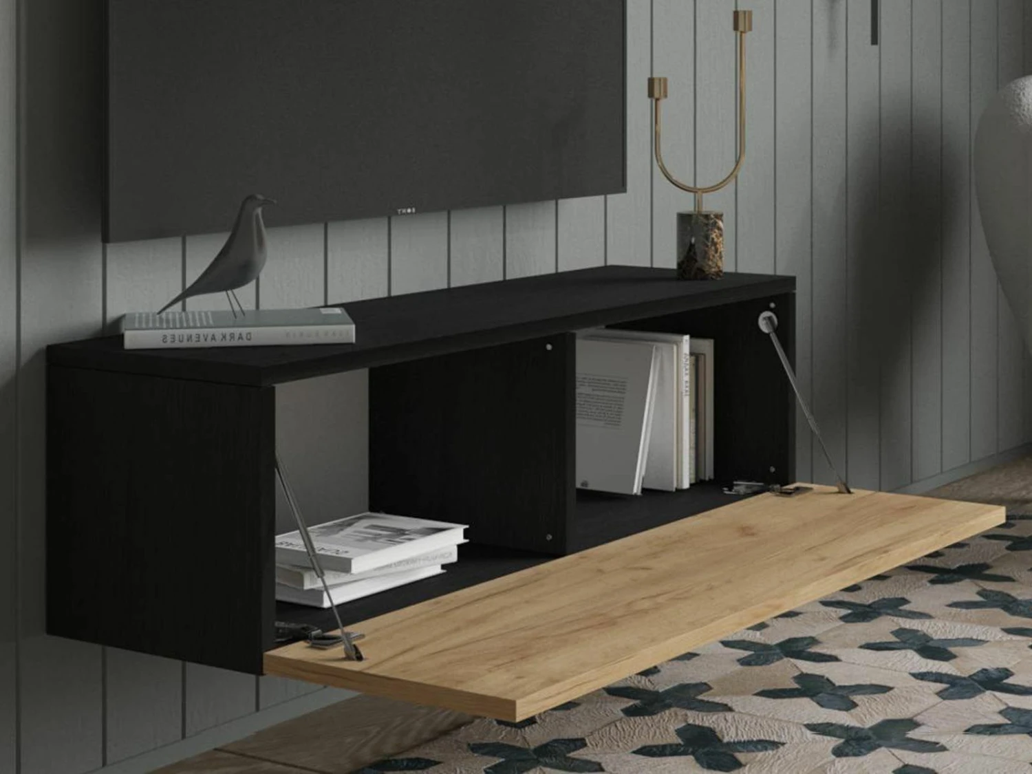 Meuble Tv-hifi KINGSTON 1 Porte Battante 105 Cm Chêne Noir/chêne Doré 4 Meuble Tv-hifi KINGSTON 1 Porte Battante 105 Cm Chêne Noir/chêne Doré – Image 4