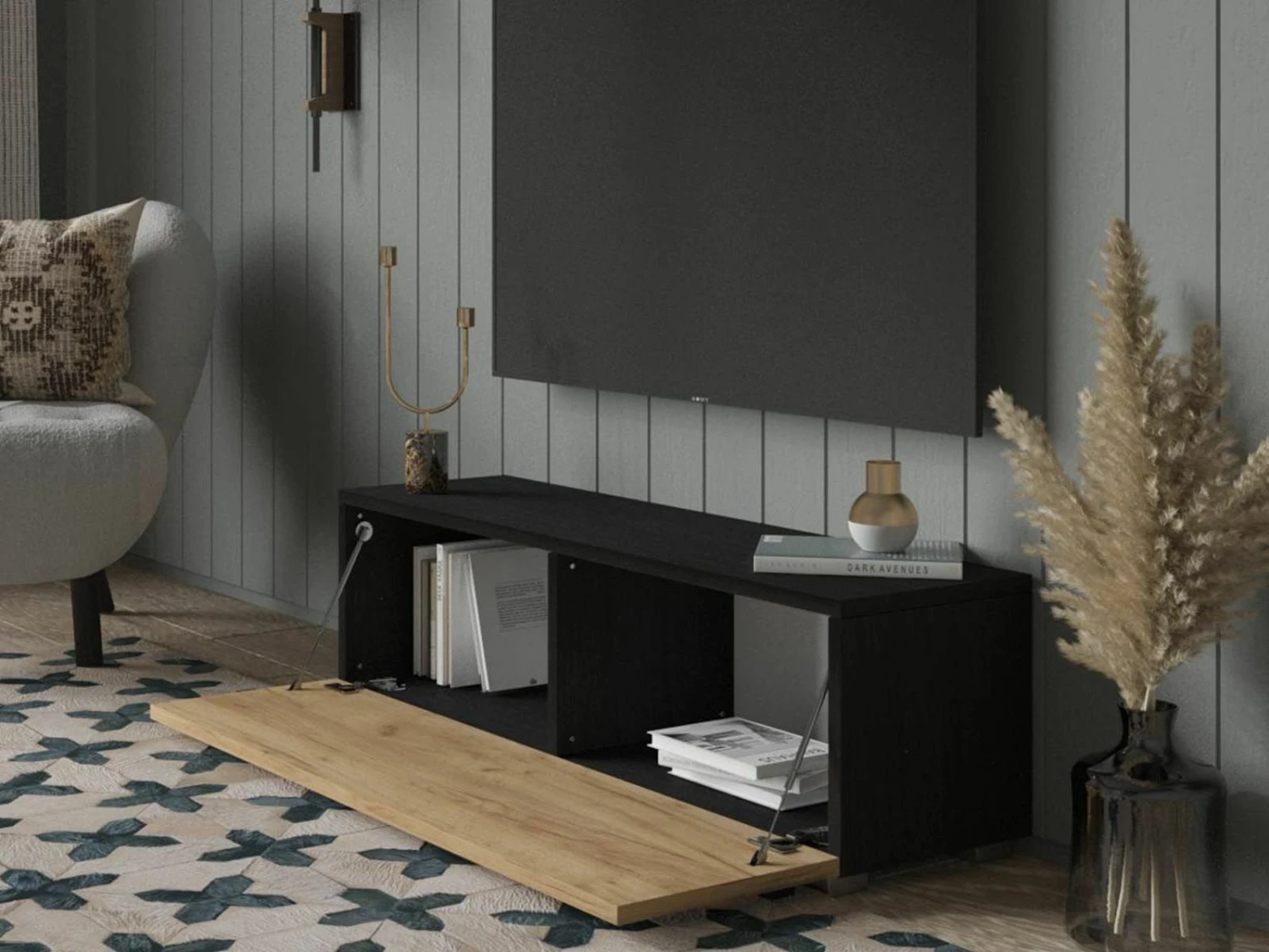 Meuble Tv-hifi KINGSTON 1 Porte Battante 105 Cm Chêne Noir/chêne Doré 6 Meuble Tv-hifi KINGSTON 1 Porte Battante 105 Cm Chêne Noir/chêne Doré – Image 6