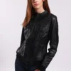 Lee Cooper Leather Jacket With Round Collar - 2 Zipped Side Pockets - - Veste En Cuir - Black