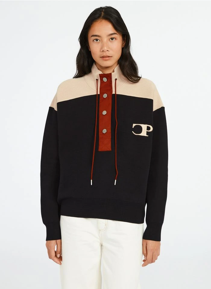 CLAUDIE PIERLOT MINIMUM - Sweat Col Montant Brodé En Maille Mélangée | Bleu 1 CLAUDIE PIERLOT MINIMUM - Sweat Col Montant Brodé En Maille Mélangée | Bleu