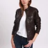 Lee Cooper Leather Jacket With Round Collar - 2 Zipped Side Pockets - - Veste En Cuir - Brown