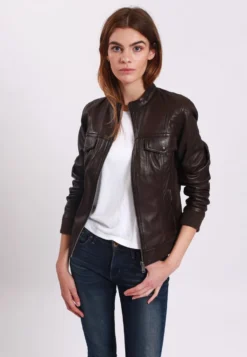 Lee Cooper Leather Jacket With Round Collar - 2 Zipped Side Pockets - - Veste En Cuir - Brown