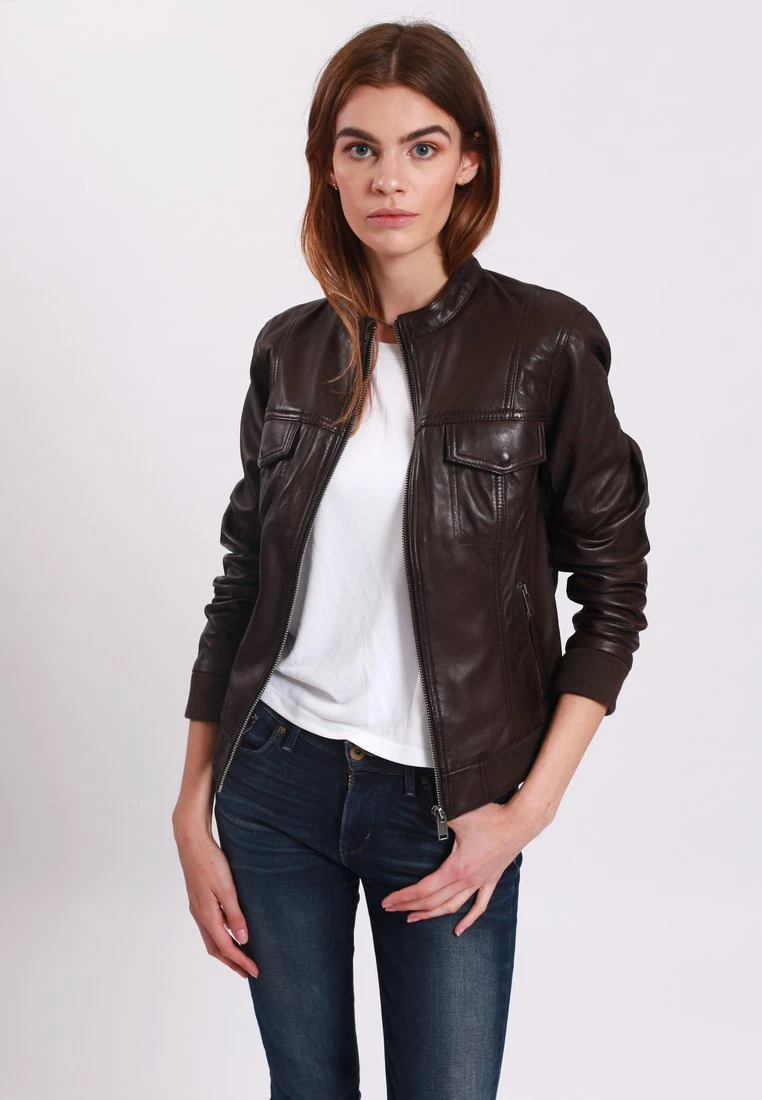 Lee Cooper Leather Jacket With Round Collar - 2 Zipped Side Pockets - - Veste En Cuir - Brown 1 Lee Cooper Leather Jacket With Round Collar - 2 Zipped Side Pockets - - Veste En Cuir - Brown