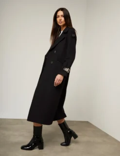 Manteau Long Cintré Détails Simili Cuir Noir Femme